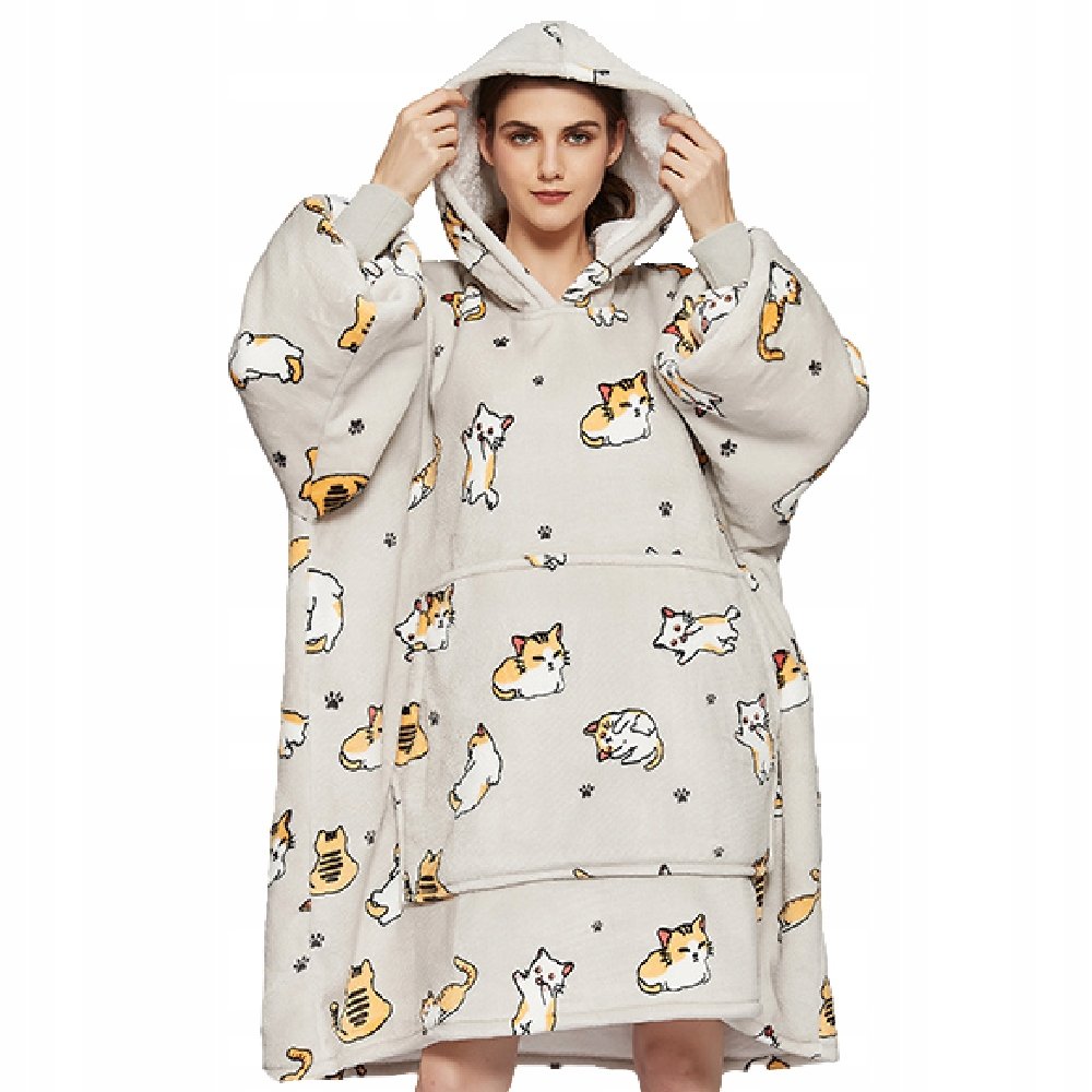 Koc bluza oversize ciepła 2w1 gruba xxl koty kocobluza z kapturem wygodna