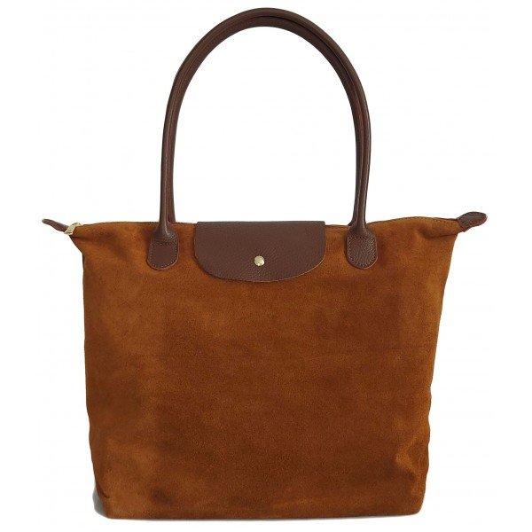 Duża zamszowa włoska torba XL- A4 , worek shopper na ramię Vera Pelle Camel z Brązem VKA41CM