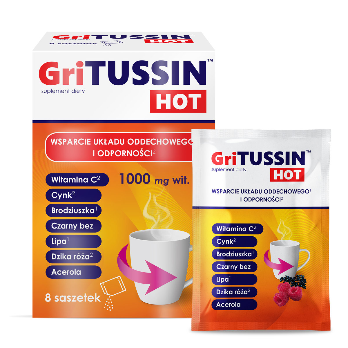 Gritussin HOT Saszetki przy osłabionej odporności Witamina C 1000 Acerola Dziaki Róża Cynk Bez Dzika Róża 8 Saszetek Domowa Apteczka
