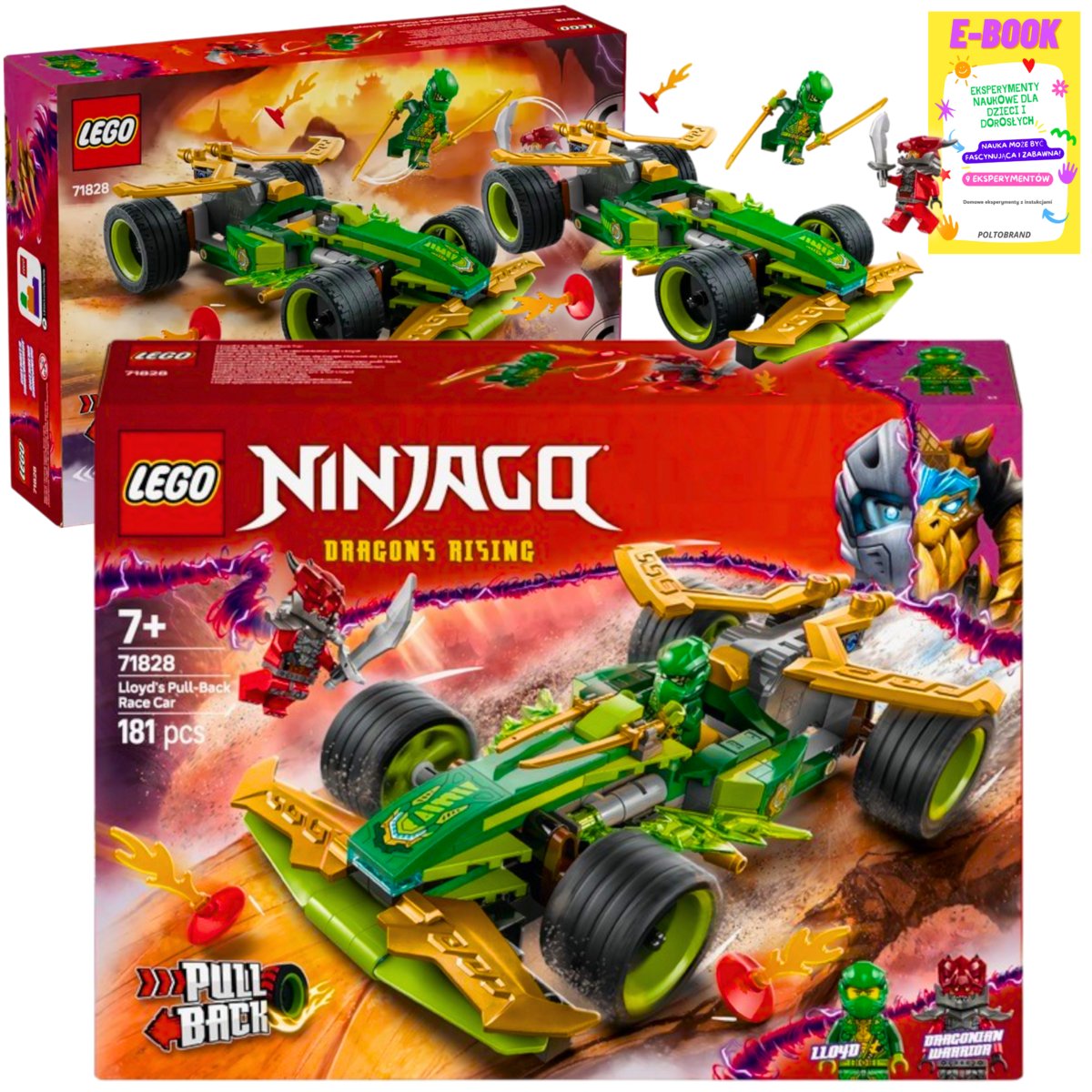 LEGO NINJAGO - SAMOCHÓD WYŚCIGOWY LIOYDA Z NAPĘDEM TYPU PULL-BACK 71828 PREZENT + EBOOk
