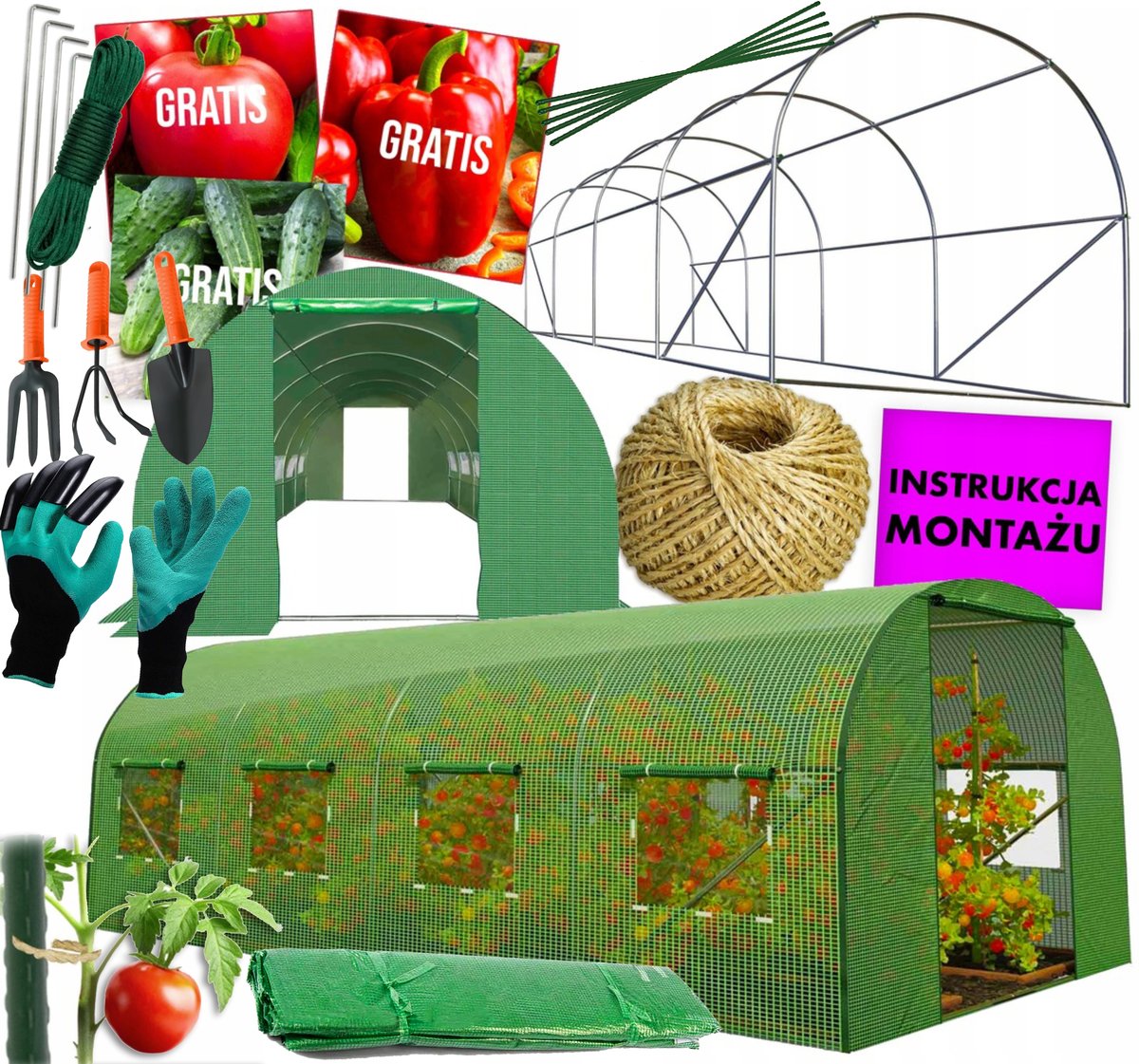 DUŻA SZKLARNIA FOLIOWA TUNEL FOLIAK UV DWA WEJŚCIA 4x2,5m + AKCESORIA ZESTAW