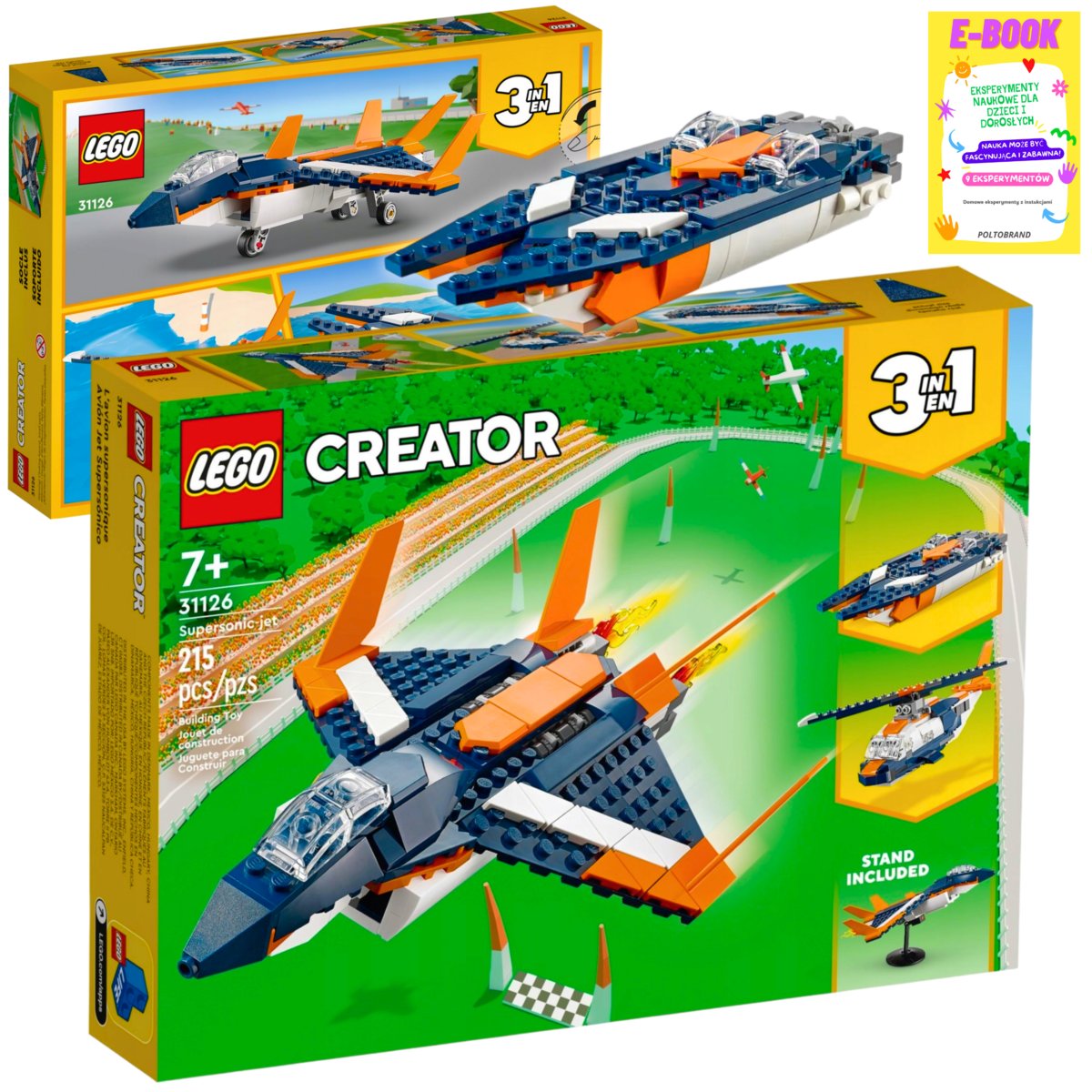 LEGO KLOCKI ODRZUTOWIEC SAMOLOT HELIKOPTER MOTORÓWKA CREATOR 3w1 31126 KLOCKI PREZENT + EBOOK