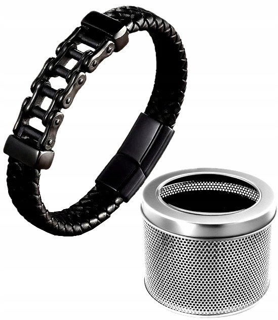 MĘSKA BRANSOLETKA ŁAŃCUCH MOTOCYKLOWY SKÓRA 19CM + PUDEŁKO