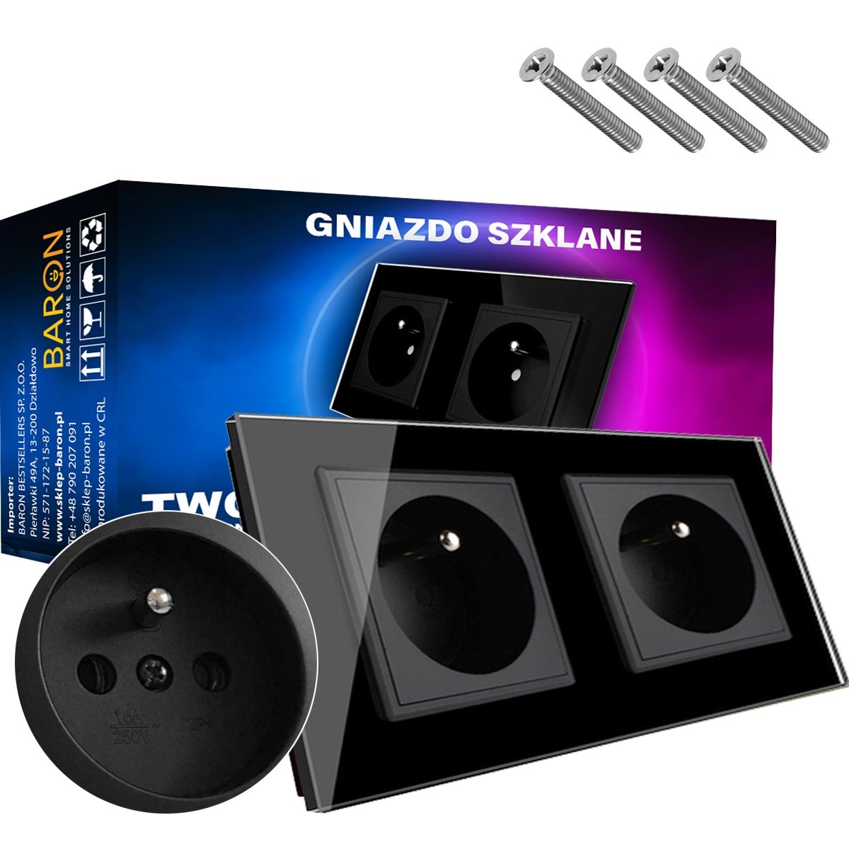 GNIAZDO GNIAZDKO ELEKTRYCZNE SZKLANE Z BOLCEM CZARNE PODWÓJNE SZKŁO