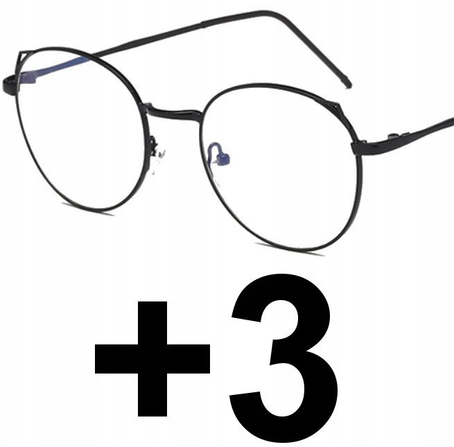 Okulary czarne korekcyjne plusy kocie uszy +3