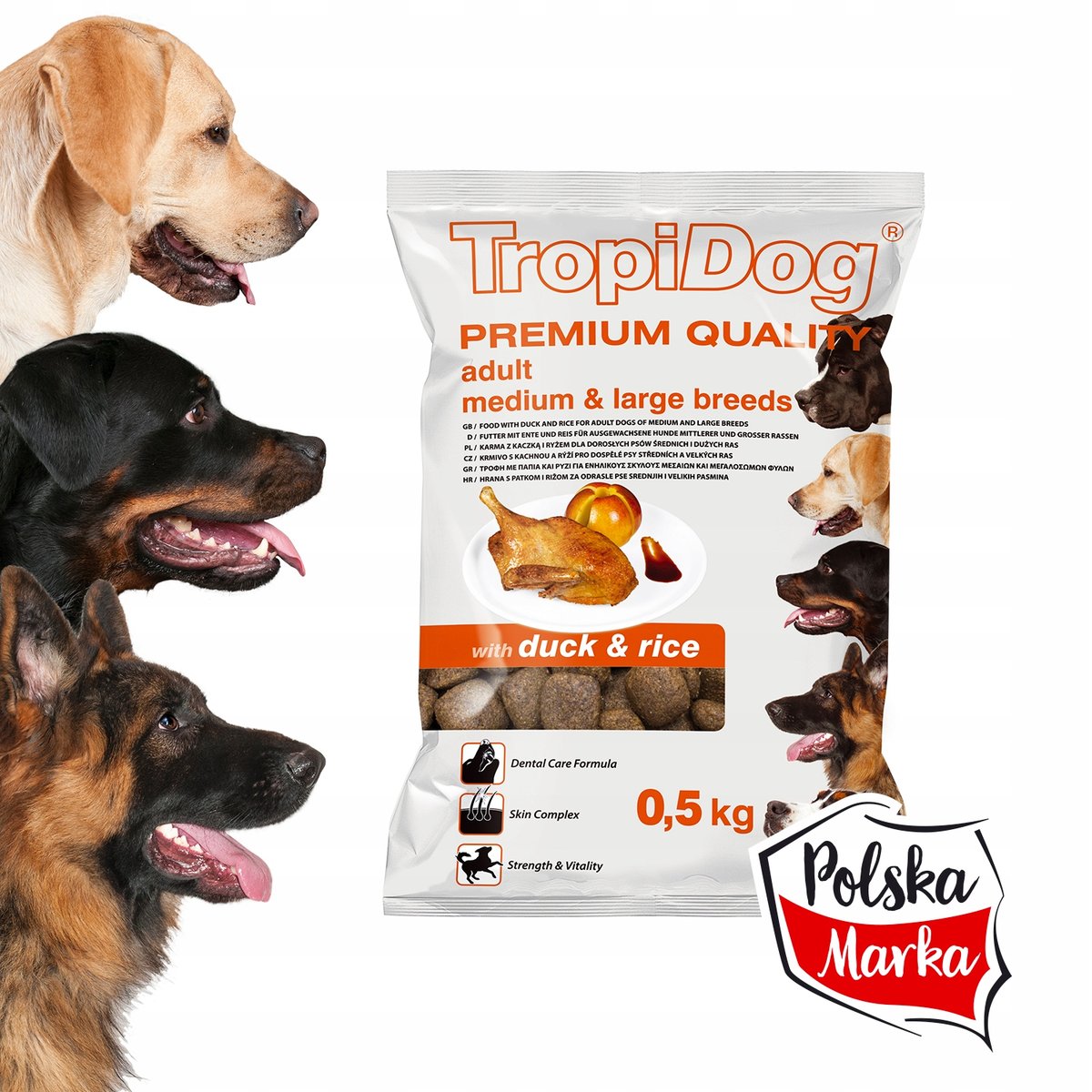 TROPIDOG Premium karma dla dorosłych psów średnich dużych ras kaczka 0,5kg