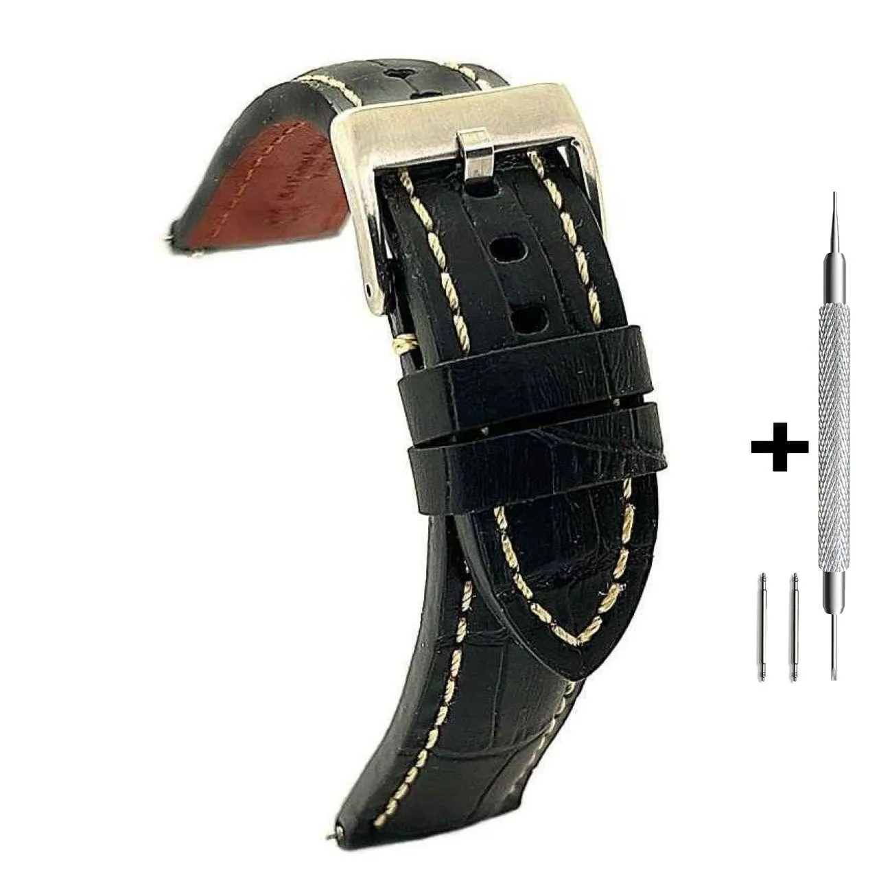 Czarny pasek 22 mm skórzany DILOY 395.22.58 + GRATIS dwa teleskopy i narzędzie