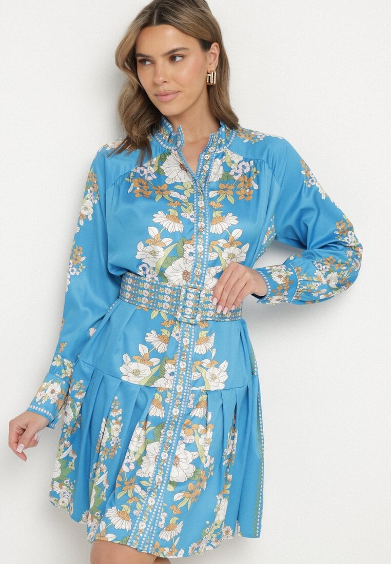 Niebieska Sukienka Koszulowa w Kwiatowy Wzór z Bufiastymi Rękawami i Paskiem Aladira