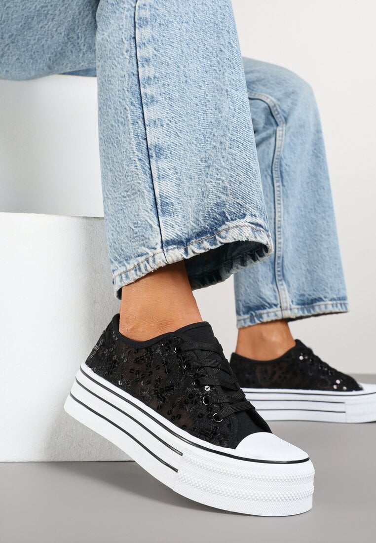 Czarne Siateczkowe Trampki na Platformie Zdobione Cekinami Telandria