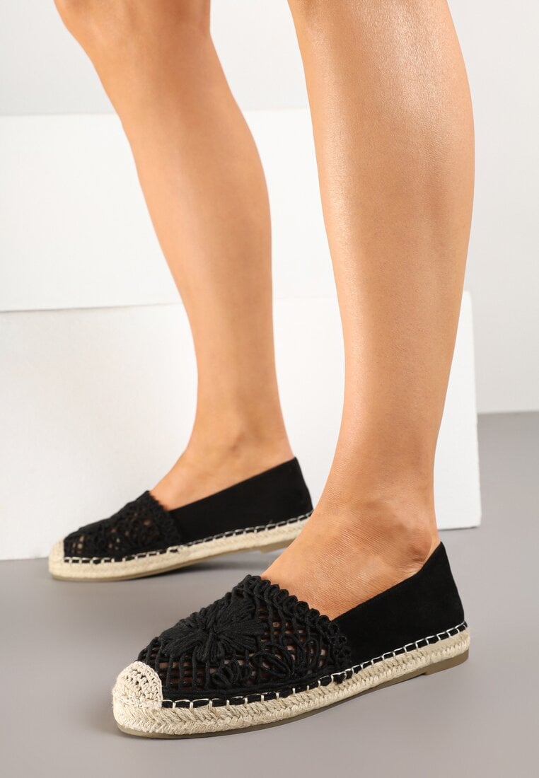 Czarne Ażurowe Espadryle Ozdobione Plecionym Sznurkiem Sdivaya