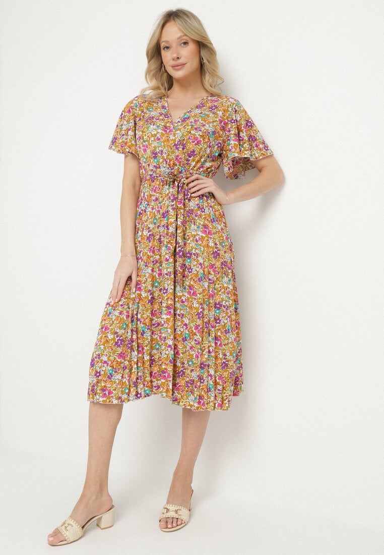 Żółta Rozkloszowana Sukienka w Kwiaty z Kopertowym Dekoltem Plisowana Lanasira