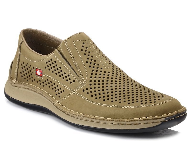 Półbuty męskie Rieker 05277-64 skórzane wsuwane ażurowe khaki-40