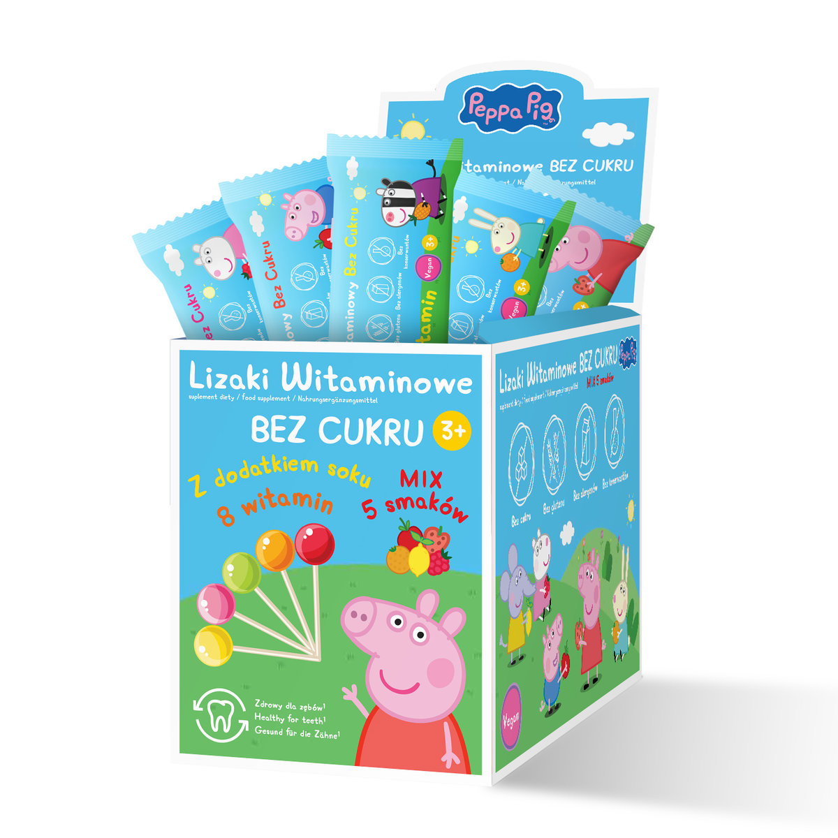 LIZAKI WITAMINOWE ŚWINKA PEPPA (bez cukru) mix 5 smaków display 50 SZT.