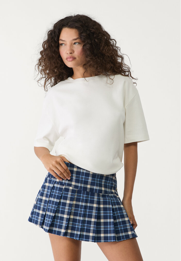 Stradivarius Plisowana spódnica mini w kratkę Morski L