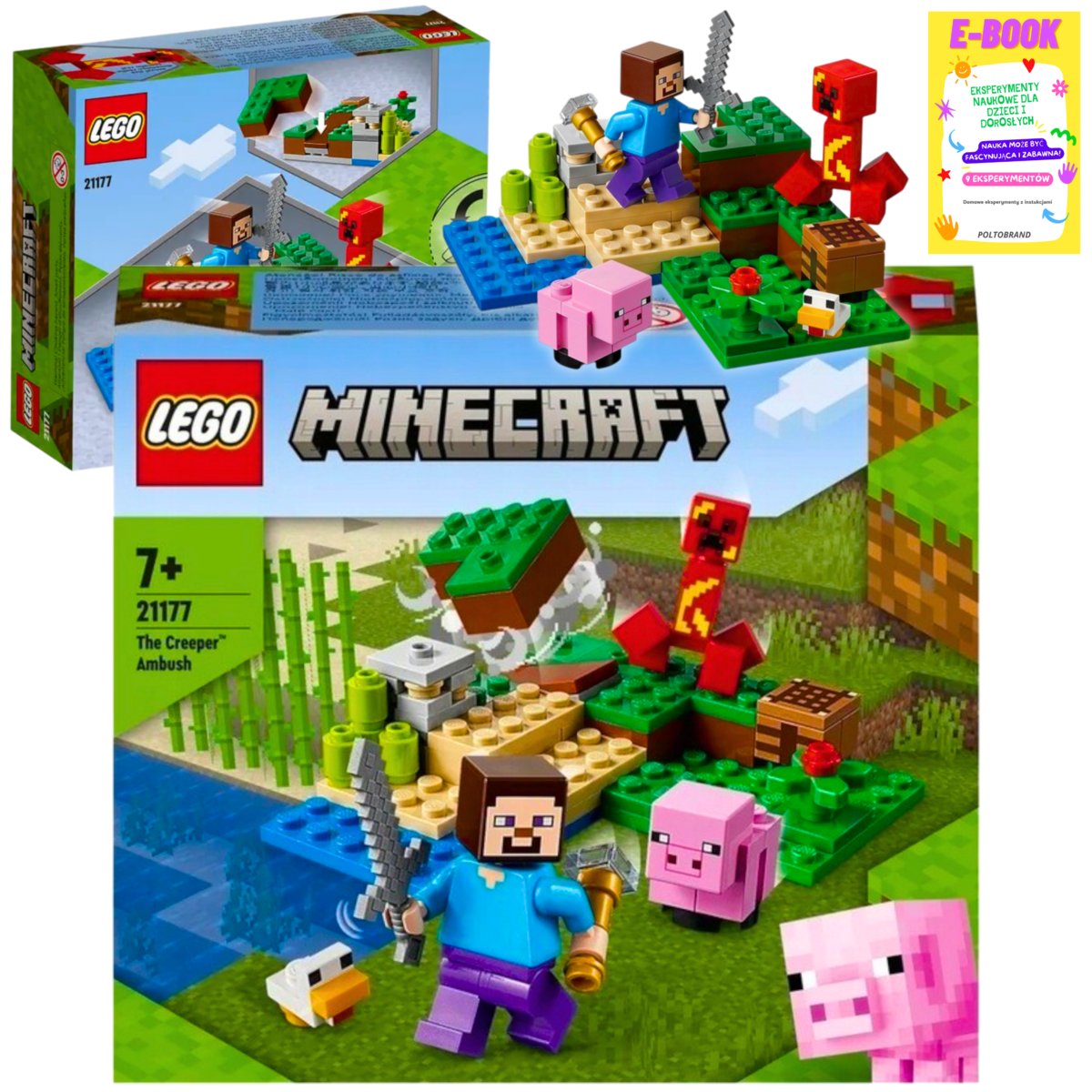 LEGO MINECRAFT - ZASADZKA CREEPERA STEVE MIECZ ŚWINKA KURCZAK 21177 PREZENT + EBOOK
