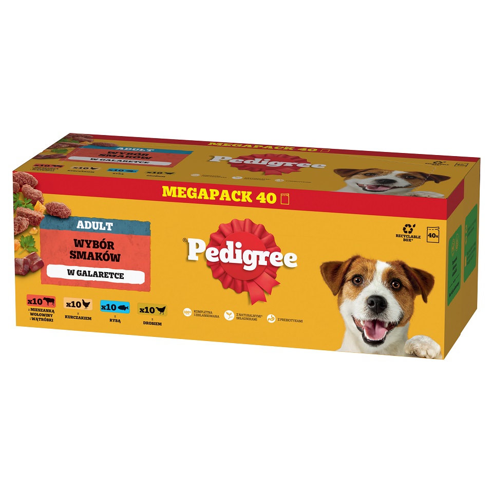 PEDIGREE Adult Wybór Smaków saszetki 40x100 g mokra karma pełnoporcjowa dla dorosłych psów, z mieszanką wołowiny i wątróbki, z kurczakiem, z rybą, z drobiem, w galaretce