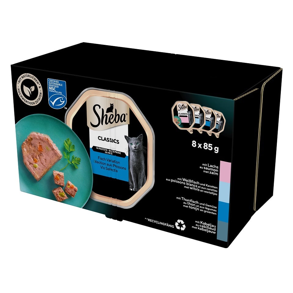 SHEBA Classics Rybne Smaki tacki 8x85 g mokra karma pełnoporcjowa dla dorosłych kotów w terynie z łososiem, białą rybą i marchewką, tuńczykiem i warzywami, dorszem