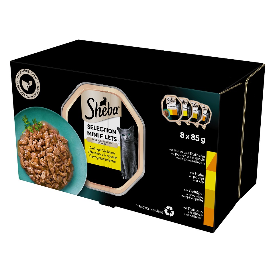 SHEBA Selection Drobiowe Smaki tacki 8x85 g mokra karma pełnoporcjowa dla dorosłych kotów w sosie kawałki z kurczakiem i indykiem, kurczakiem, drobiem, indykiem