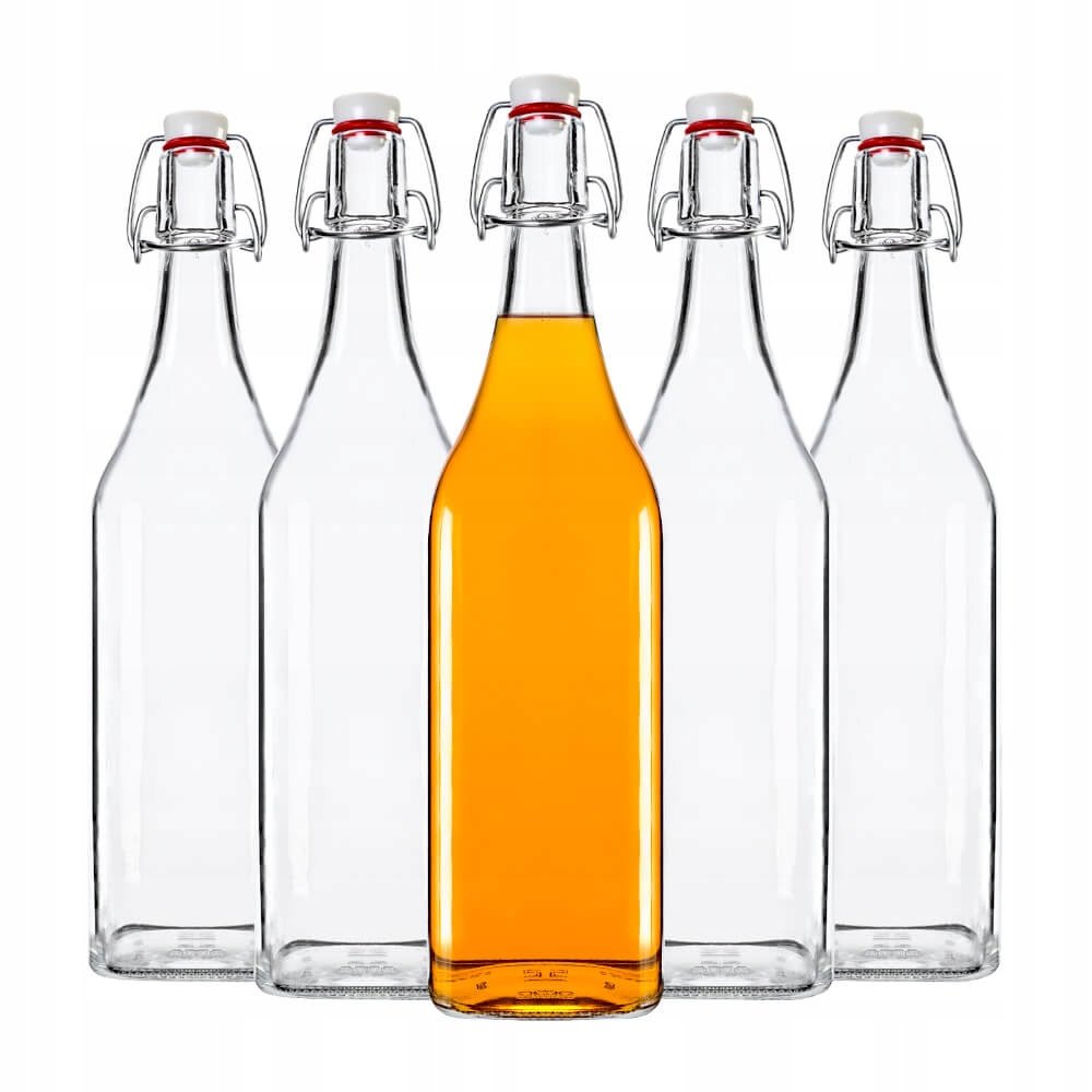 BUTELKI KWADRATOWE na nalewki mleko wodę napoje soki 1000 ml KOREK MECHANICZNY 5 sztuk