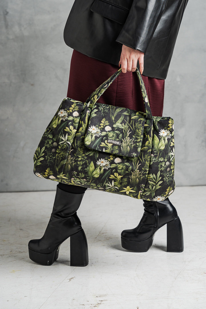 PROPS Torebka damska duża z klapką zielona wzór kwiaty welurowa Zielnik