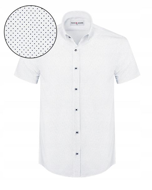 Koszula Męska z Krótkim Rękawem Biała w Kropki Slim Fit Pako Jeans