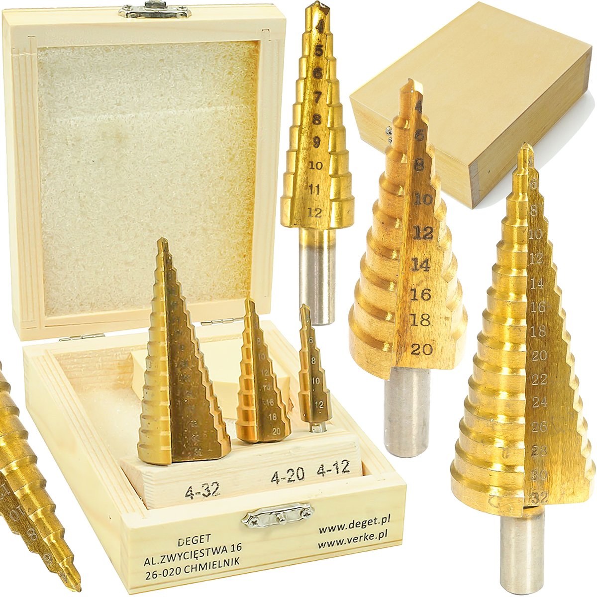 WIERTŁA STOPNIOWE STOŻKOWE V05049 WIERTŁA STOPNIOWE HSS-TiN 4-32 MM 3 SZT.