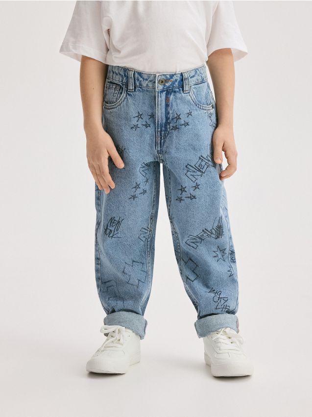 Reserved - Classic denim carrot z nadrukiem - niebieski