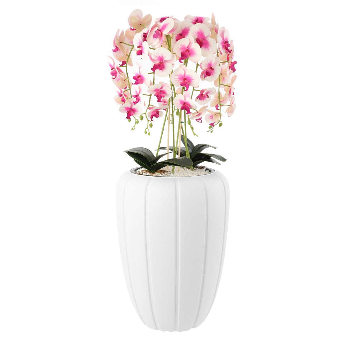 Sztuczny bukiet kaskadowy orchidei Cremerosa w białej doniczce, 112 cm wysokości, gumowane kwiaty, 5 pędów Dekoracja do domu i biura
