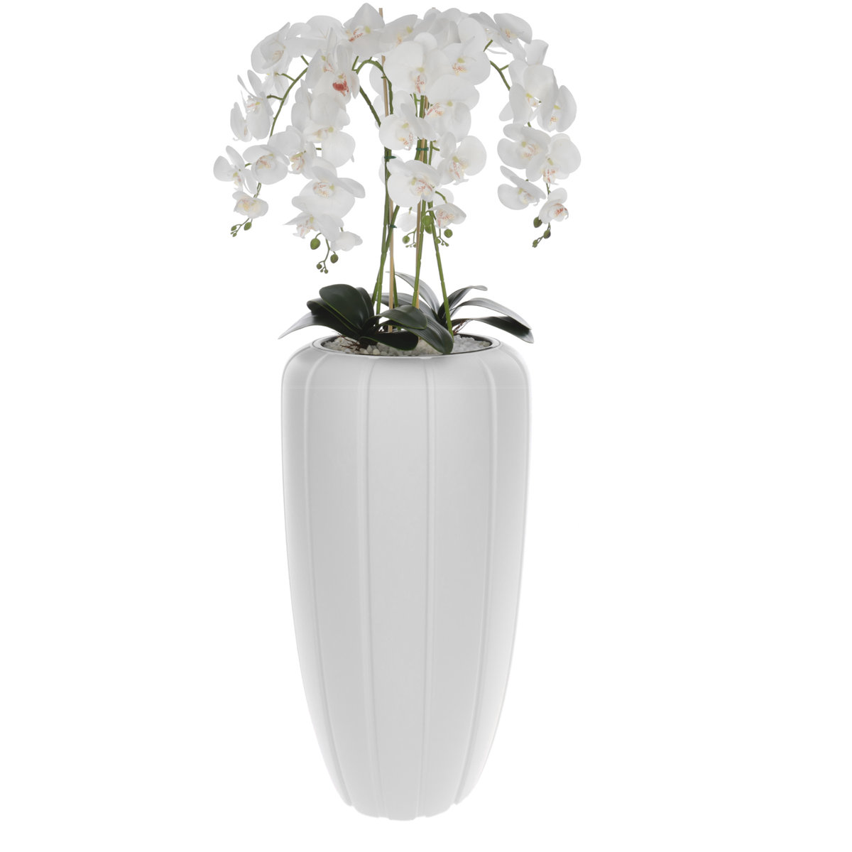 Biały sztuczny bukiet kaskadowy orchidei w białej doniczce, wysokość ok. 125 cm, gumowane kwiaty, 5 pędów dekoracja do domu i biura