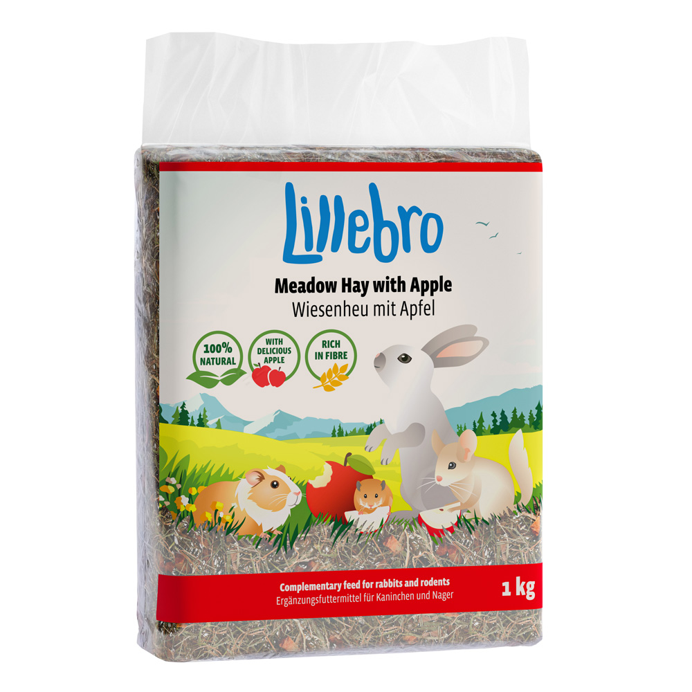 Lillebro siano łąkowe z jabłkiem, mniszkiem lekarskim lub marchewką - Siano łąkowe z dzikim jabłkiem, 3 x 1 kg