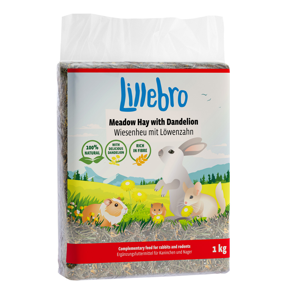 Lillebro siano łąkowe z jabłkiem, mniszkiem lekarskim lub marchewką - Siano łąkowe z mniszkiem lekarskim, 3 x 1 kg