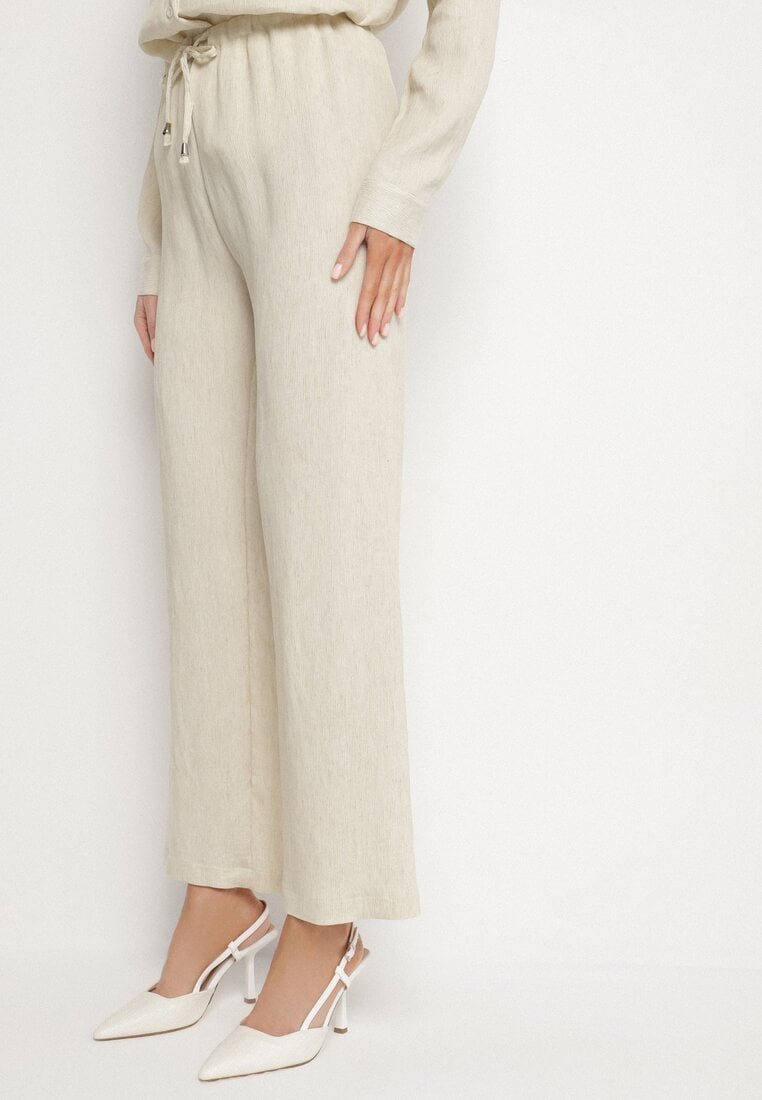Beżowe Szerokie Spodnie z Wiskozy z Wiązaniem w Talii Lilriz