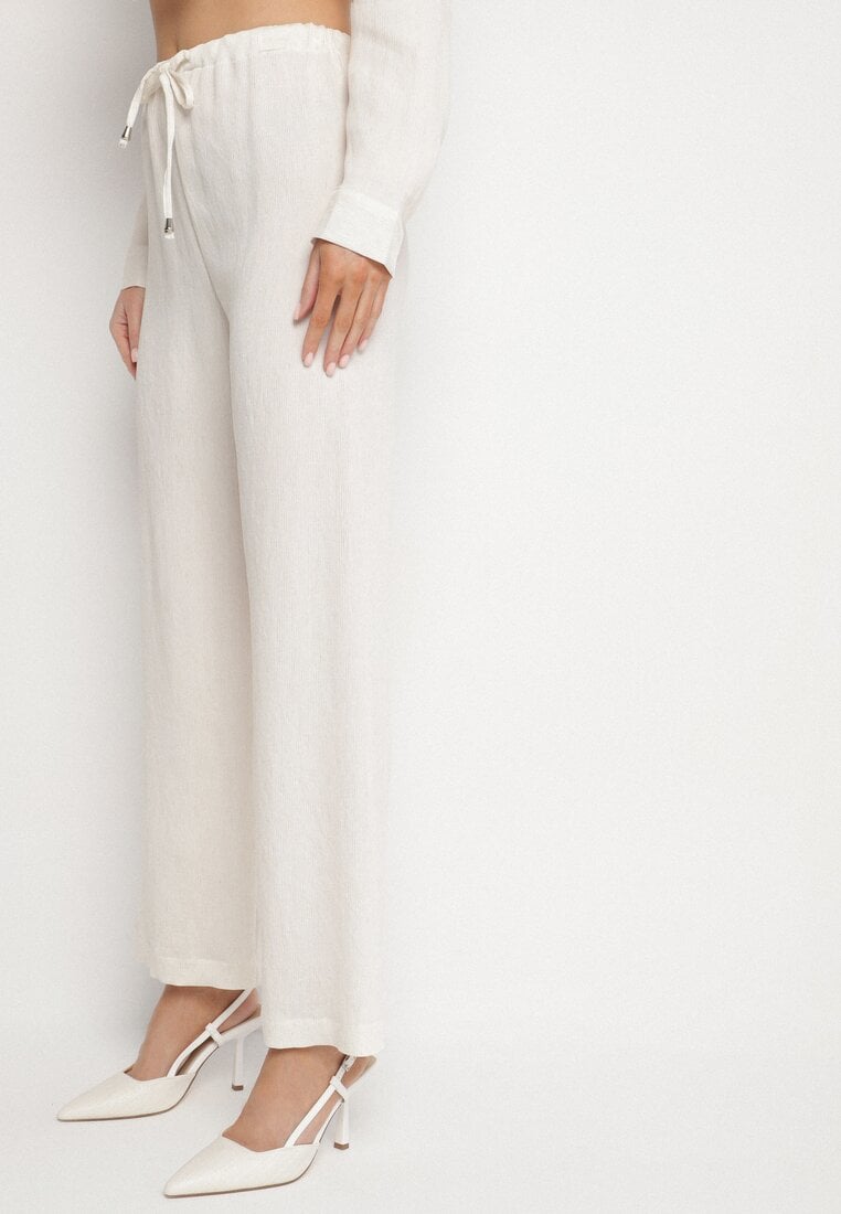 Białe Szerokie Spodnie z Wiskozy z Wiązaniem w Talii Lilriz