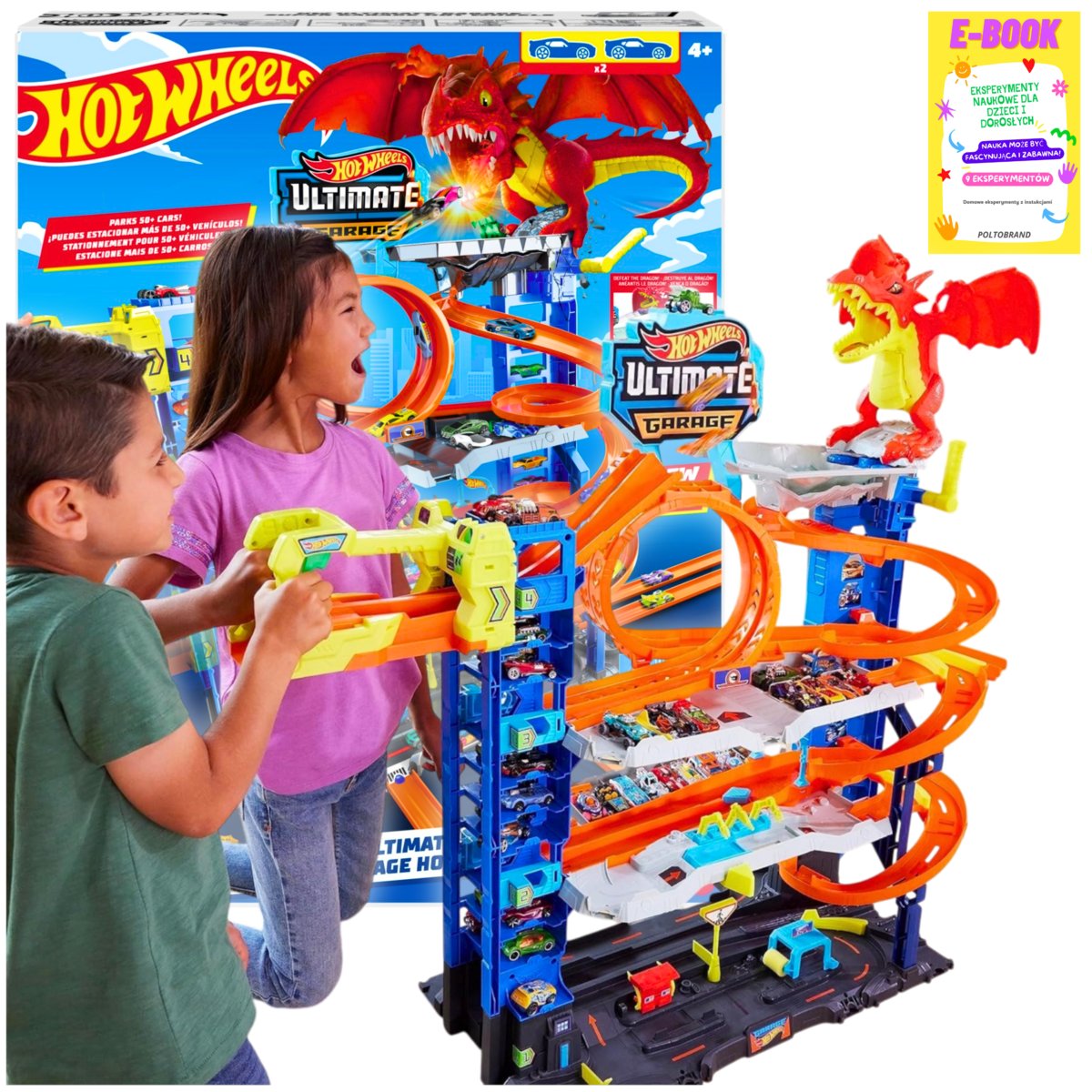 HOT WHEELS ZESTAW MEGA GARAŻ PARKING ATAK SMOKA + 2 AUTKA PREZENT + EBOOK