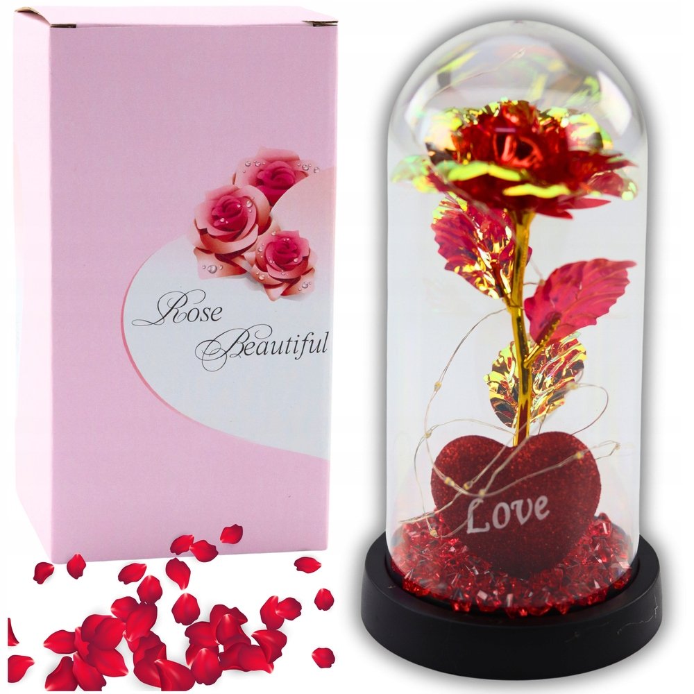 BEMI WIECZNA RÓŻA W KOPULE OŚ. LED SERCE KORALIKI 21x11cm DZIEŃ KOBIET