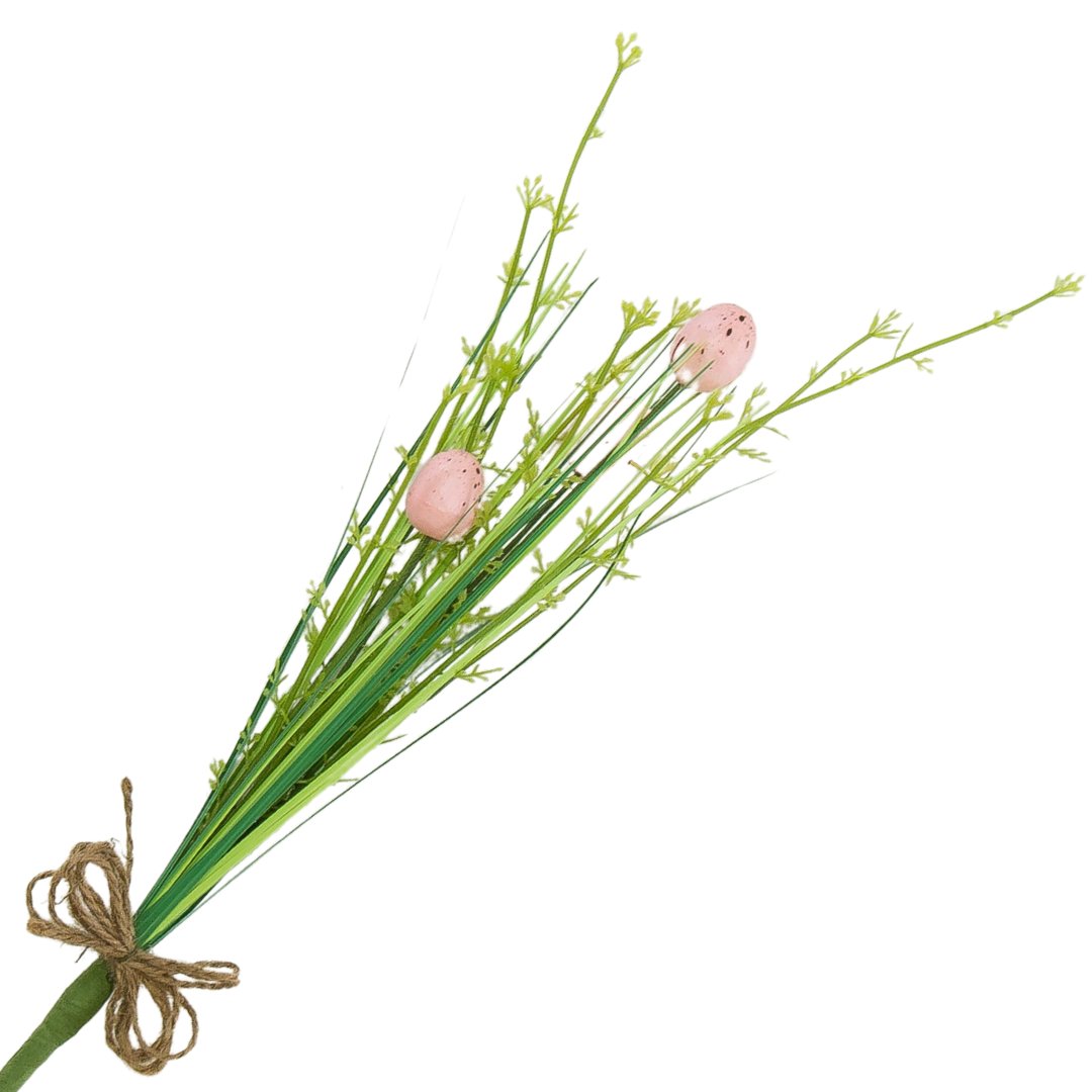 [68th0703] Gałązka ozdobna wielkanocna z trawą i różowymi pisankami 38cm