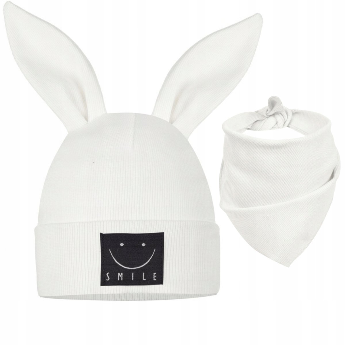 Komplet dziecięcy CZAPKA + CHUSTKA ECRU 44-48 BAWEŁNA 95% USZY KRÓLIKA