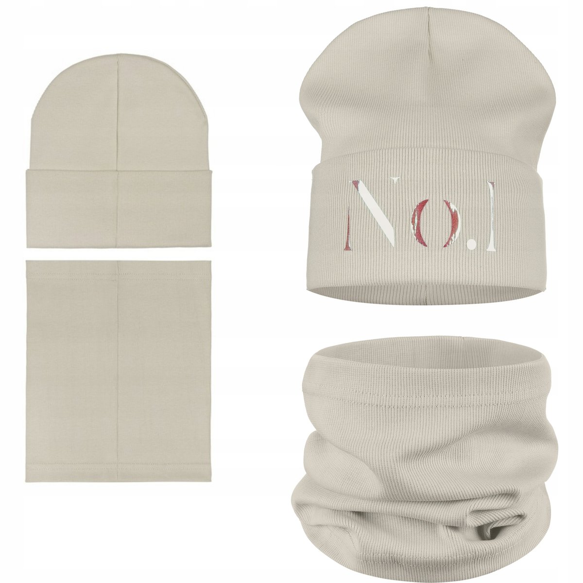 KOMPLET DZIECIĘCY CZAPKA KOMIN BAWEŁNIANY BŁYSZCZĄCY NAPIS BEŻOWY 40-46