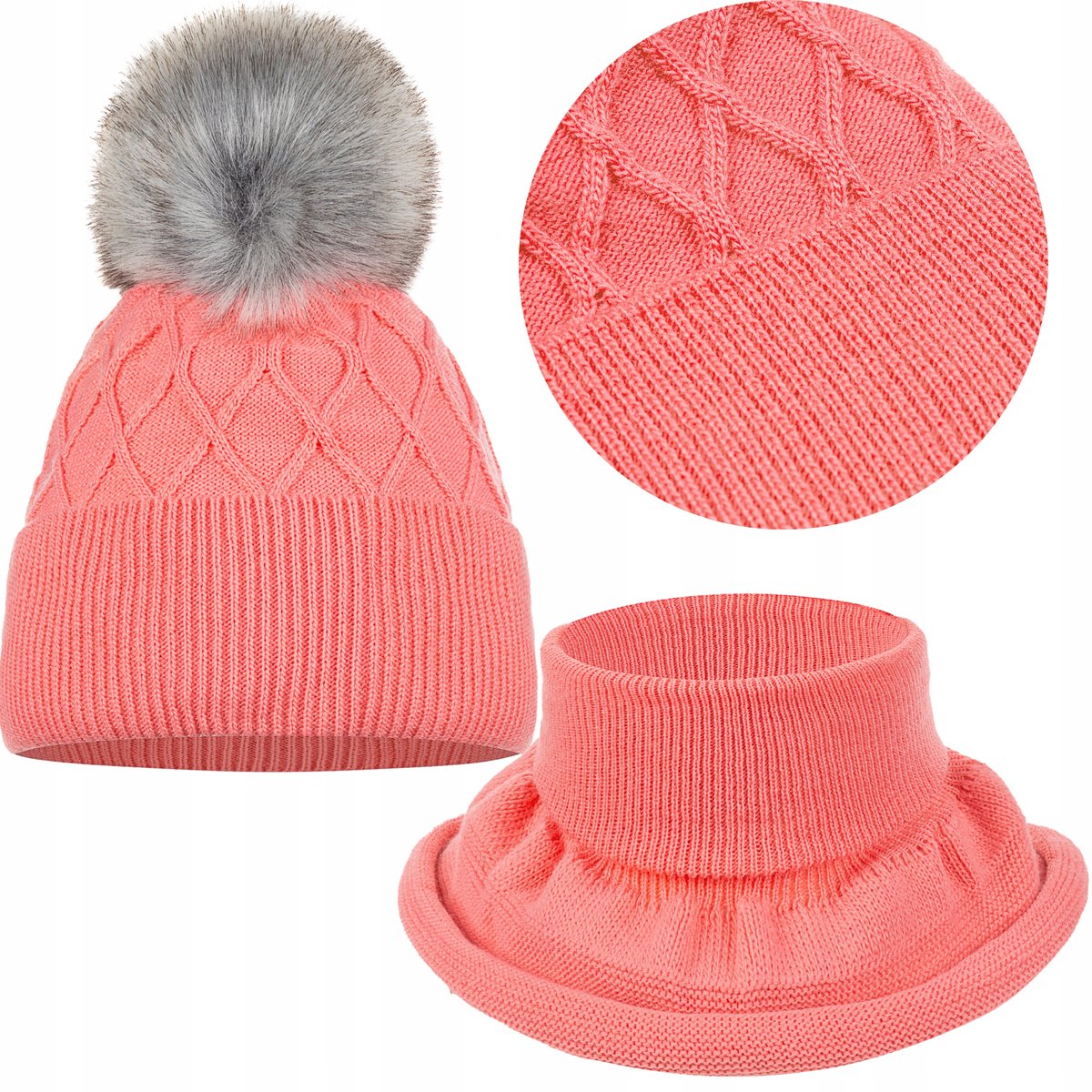 KOMPLET DZIECIĘCY ZIMOWY CIEPŁY POLAR JESIEŃ CZAPKA KOMIN 42/48 RÓŻ KORAL