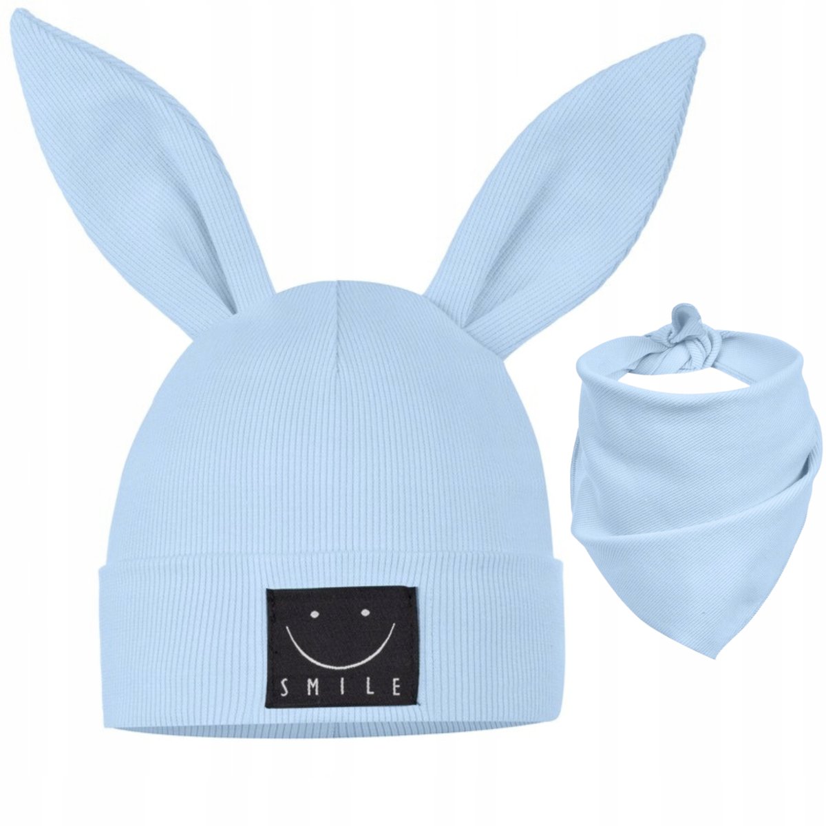 Komplet dziecięcy CZAPKA + CHUSTKA BŁĘKITNY 44-48 BAWEŁNA 95% USZY KRÓLIKA