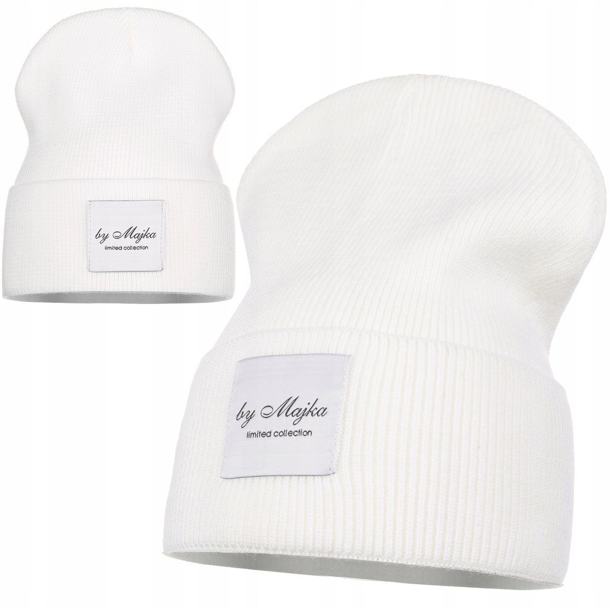 Biała Czapka Damska Zimowa Jesienna Prążek Beanie Naszywka Majka