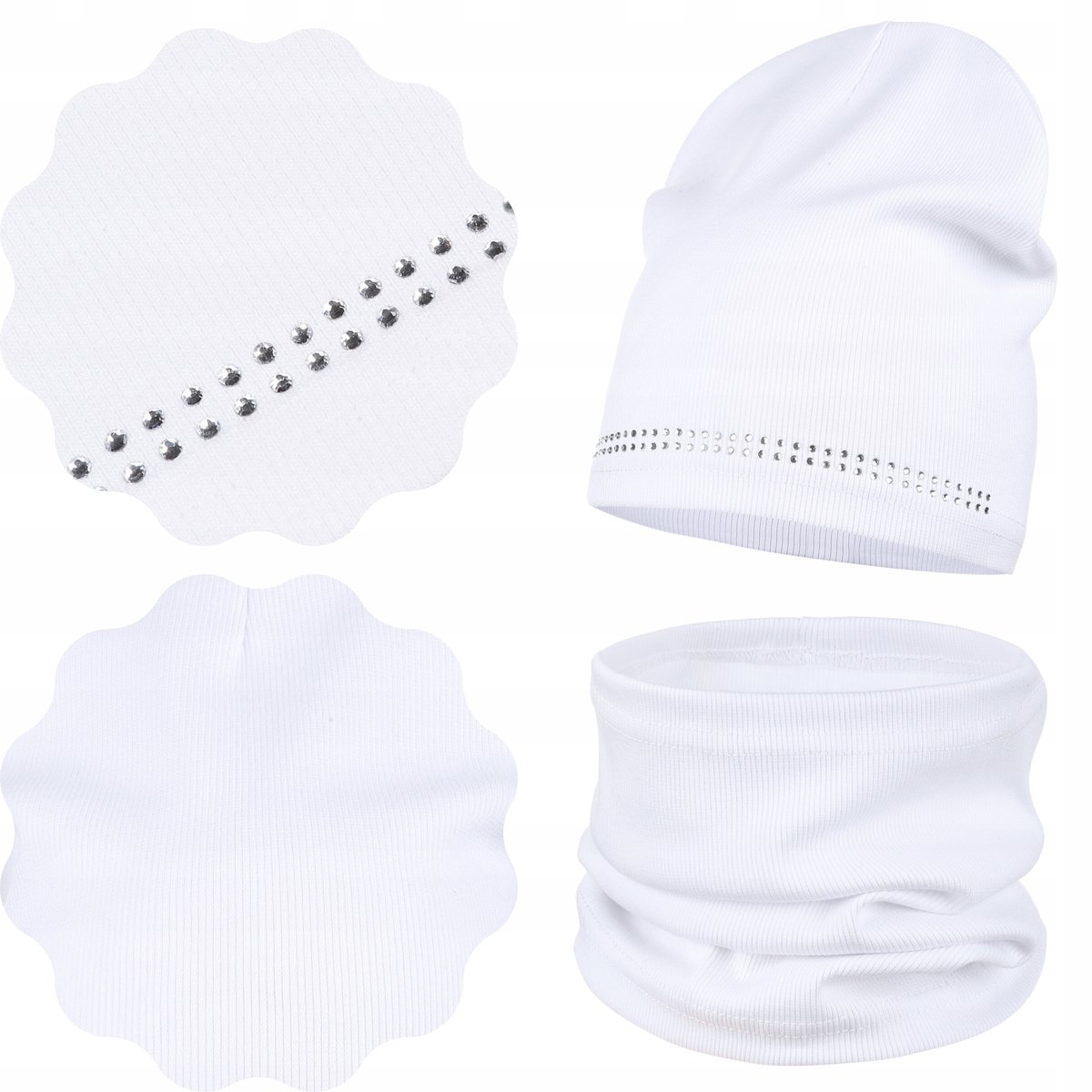 MAJKA KOMPLET JESIENNY CZAPKA BEANIE + KOMIN 40/46 DŻETY BIAŁY BIEL