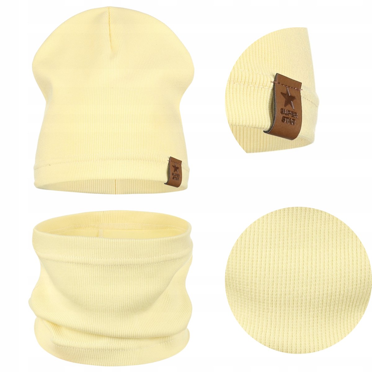 KOMPLET DZIECIĘCY BAWEŁNIANY CZAPKA KOMIN NA JESIEŃ ZIMĘ WANILIOWY 40-46
