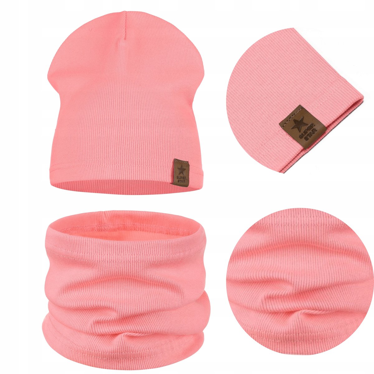 KOMPLET DZIECIĘCY BAWEŁNIANY CZAPKA KOMIN NA JESIEŃ ZIMĘ JASNY RÓŻOWY 40-46