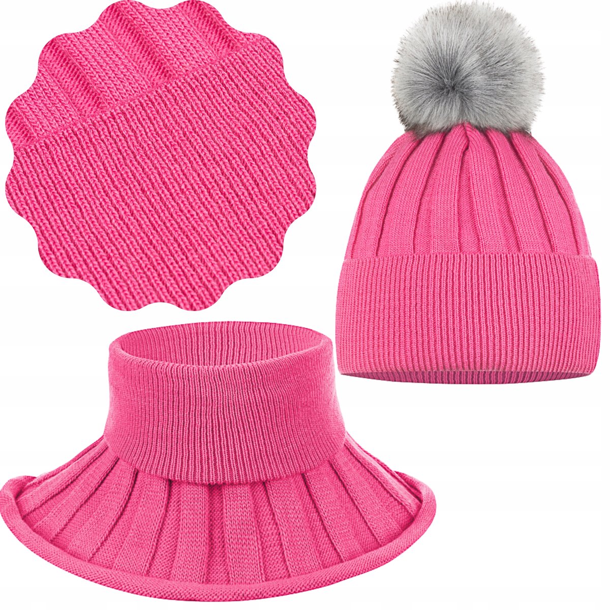 KOMPLET DZIECIĘCY ZIMOWY CIEPŁY POLAR JESIEŃ CZAPKA GOLFIK 44/50 FUKSJA RÓŻ