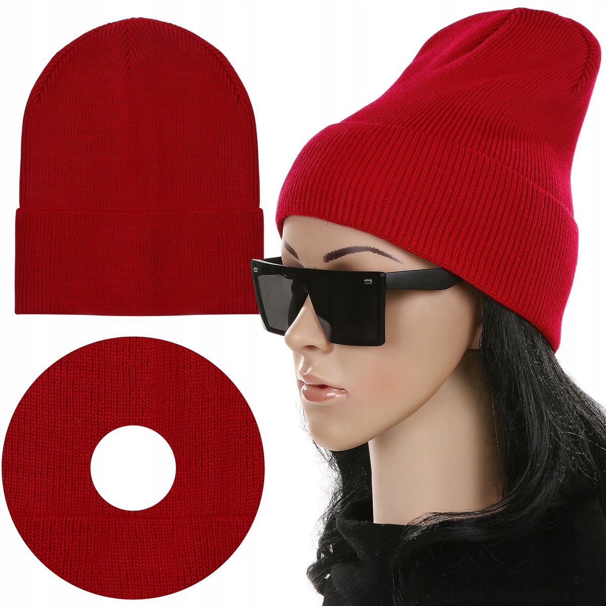 Czapka Damska Kobieca Beanie Wywijana Jesień Zimę Ciepła Czerwień Czerwony