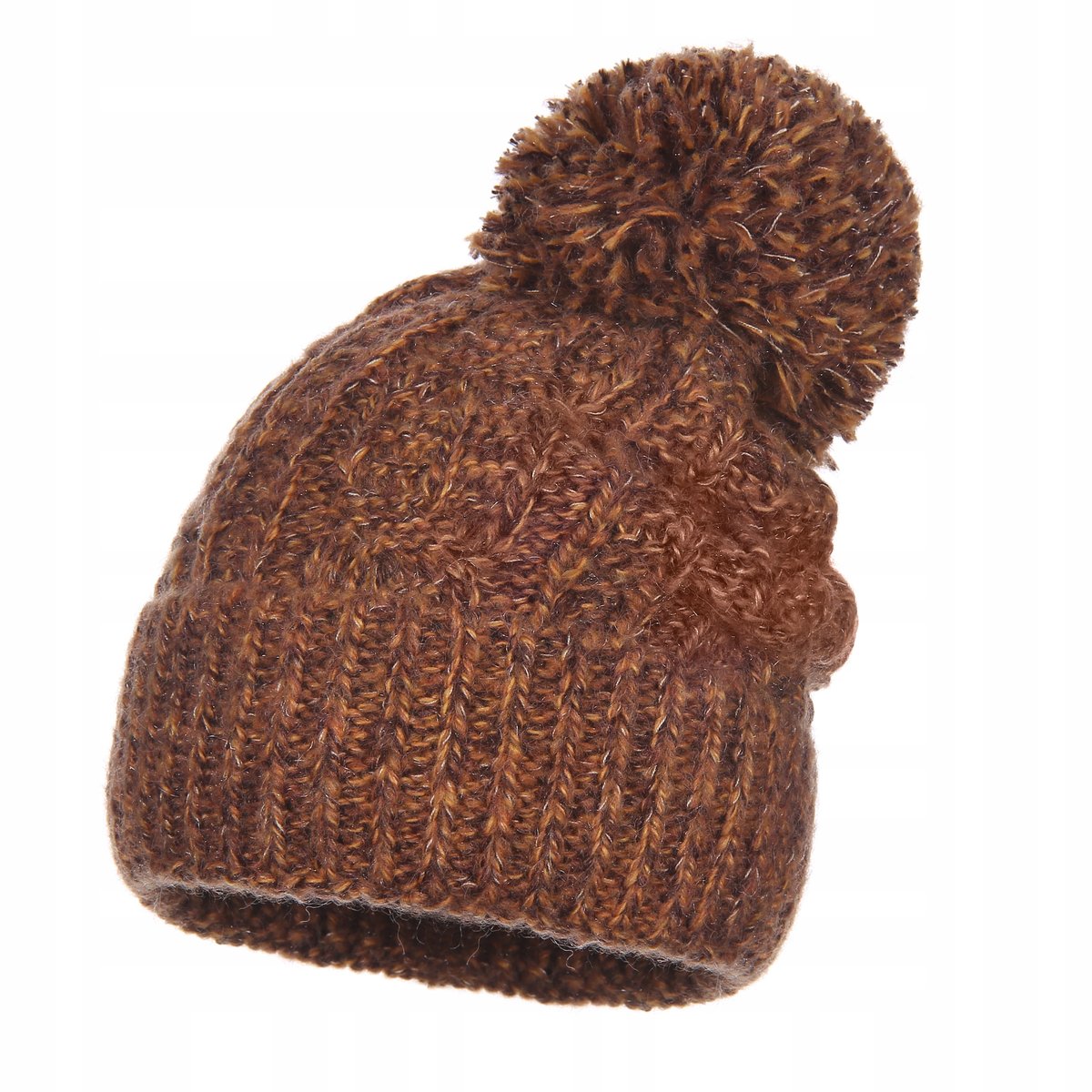 Czapka Damska Zimowa Z Pomponem Angora 8% Wełna 5% Wełniana Brązowa