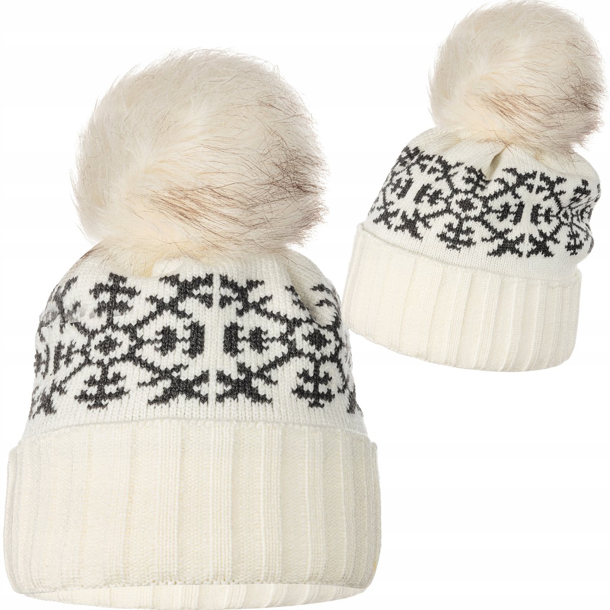 Ecru Damska Czapka Zimowa Z Pomponem Śnieżynki Grafitowe Wywijana Majka