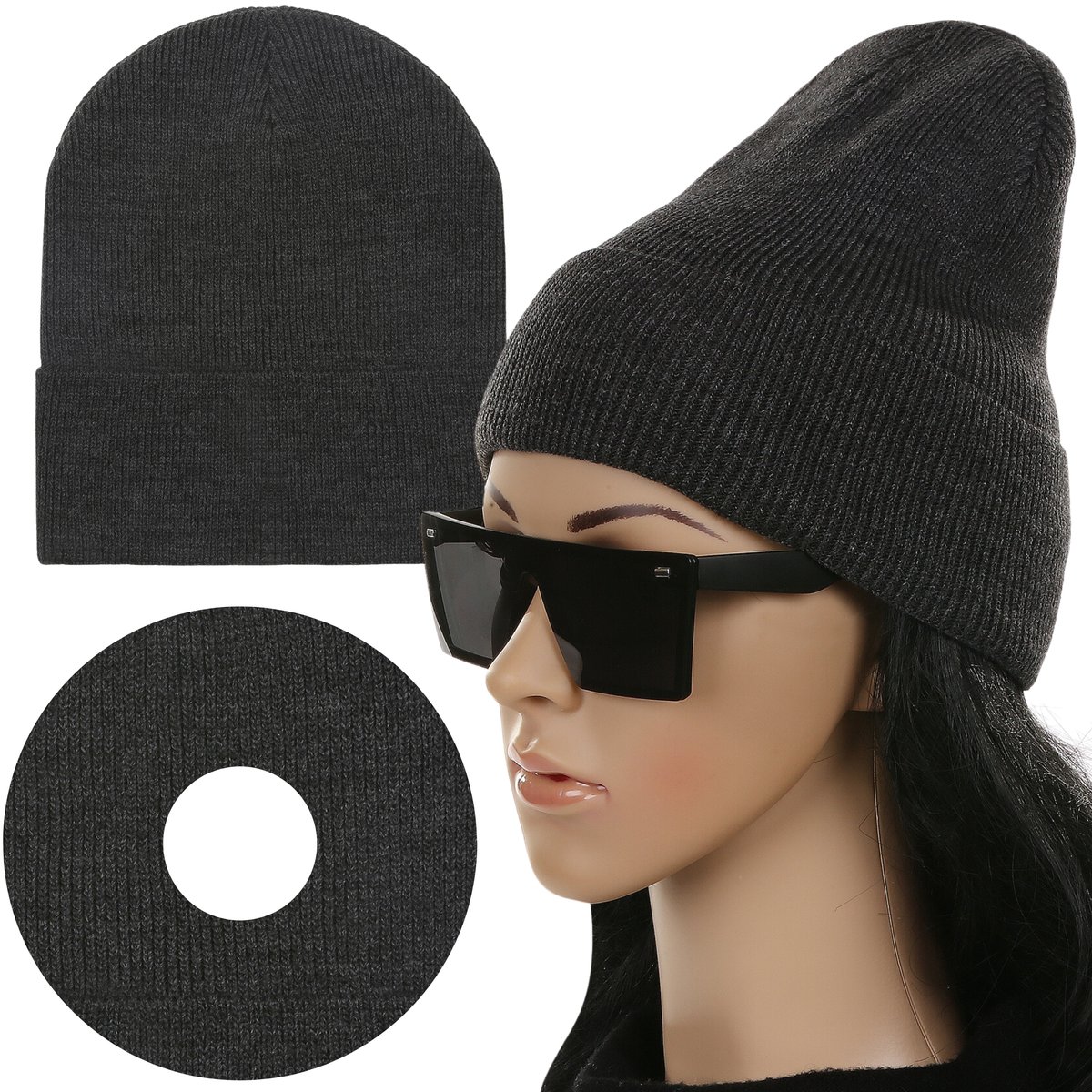 Czapka Damska Kobieca Beanie Wywijana Na Jesień Zimę Ciepła Szary Grafitowy