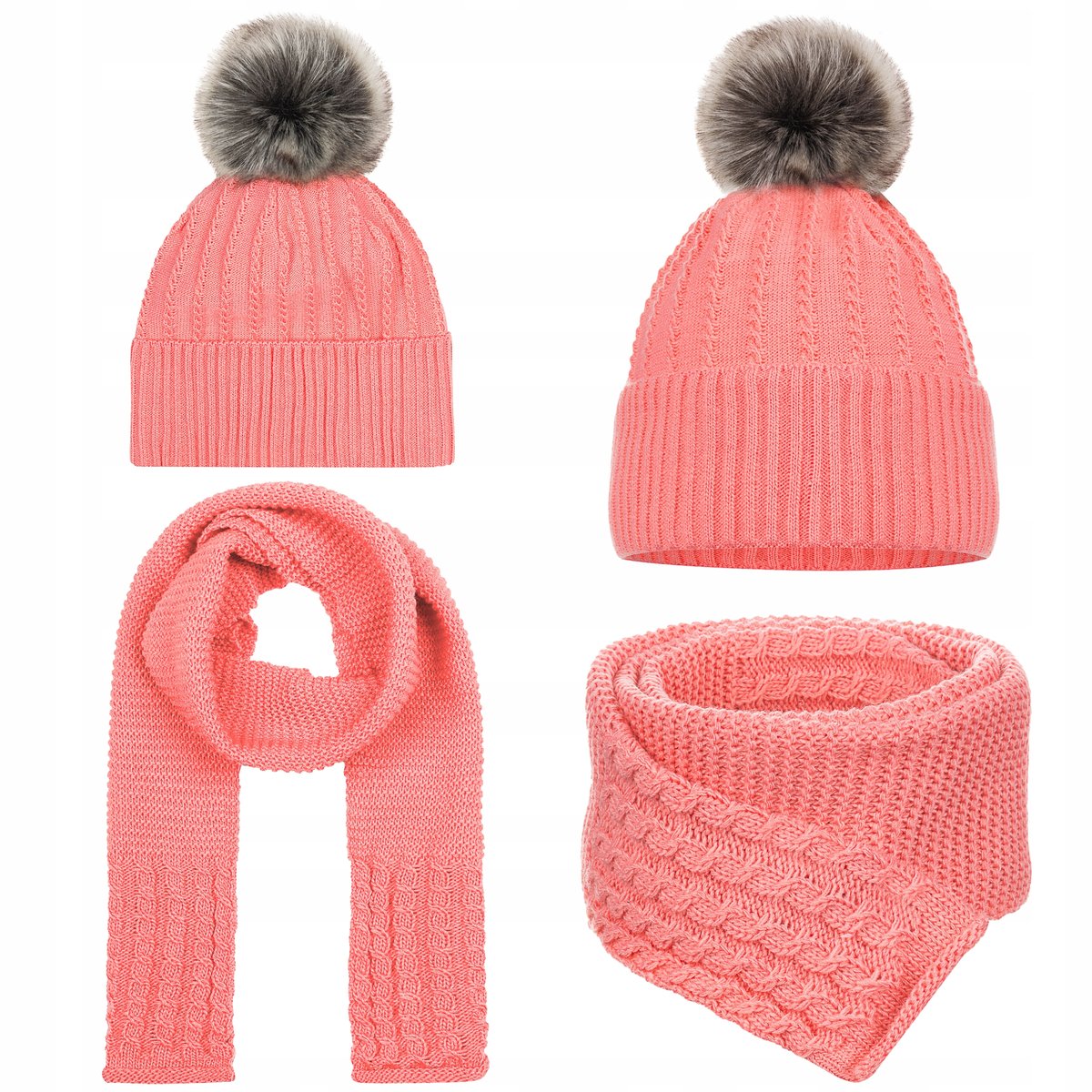 ZIMOWY KOMPLET DZIECIĘCY JESIENNY CZAPKA Z POLAREM SZALIK 42/48 KORAL RÓŻ